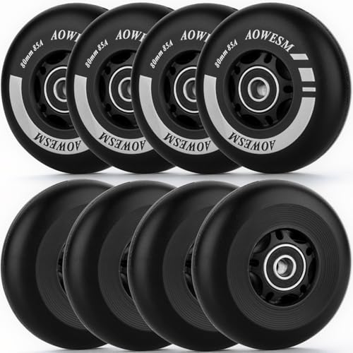 AOWESM Inline Skate Wheels 80mm 76mm 72mm 85a Outdoor Indoor Roller Blade Wheel Black Blue Red Roller Hockey Replacement Wheels w/Bearings ABEC-9 and Floating Spacers (8-Pack) (Black, 72mm) - Image 1