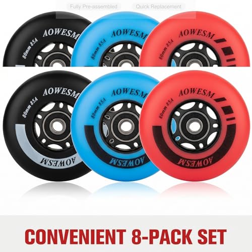 AOWESM Inline Skate Wheels 80mm 76mm 72mm 85a Outdoor Indoor Roller Blade Wheel Black Blue Red Roller Hockey Replacement Wheels w/Bearings ABEC-9 and Floating Spacers (8-Pack) (Black, 72mm) - Image 2
