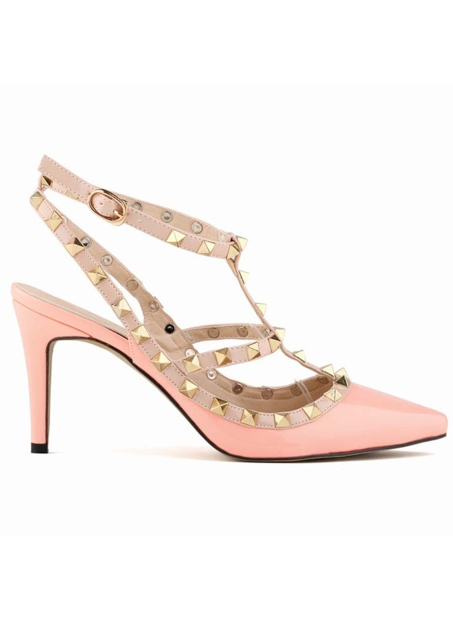 Loquat أحذية بكعب 8 سم بتصميم حزام T مع مسامير/رؤوس مسامير وردية - Image 2