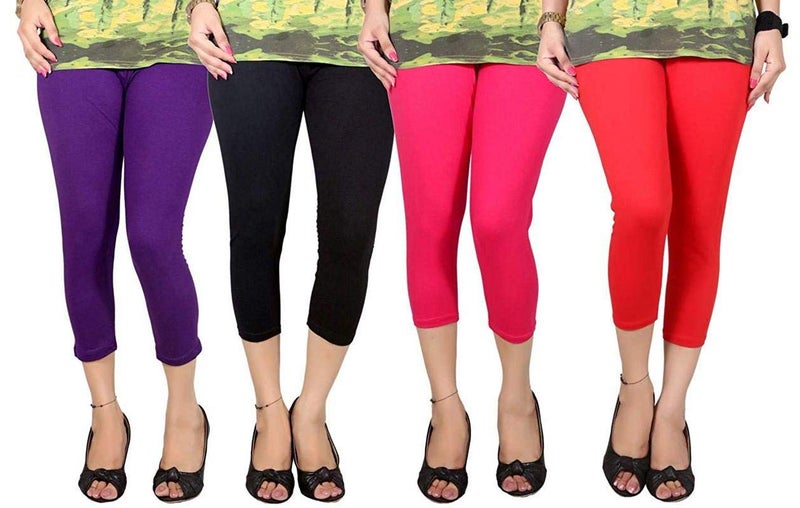 feelBlue Women's Premium Stretchable Cotton Casual 3/4th Capri for Gym/Sports (Free Size, Pack of 4, Purple-Black-Rani-Red) - Image 1