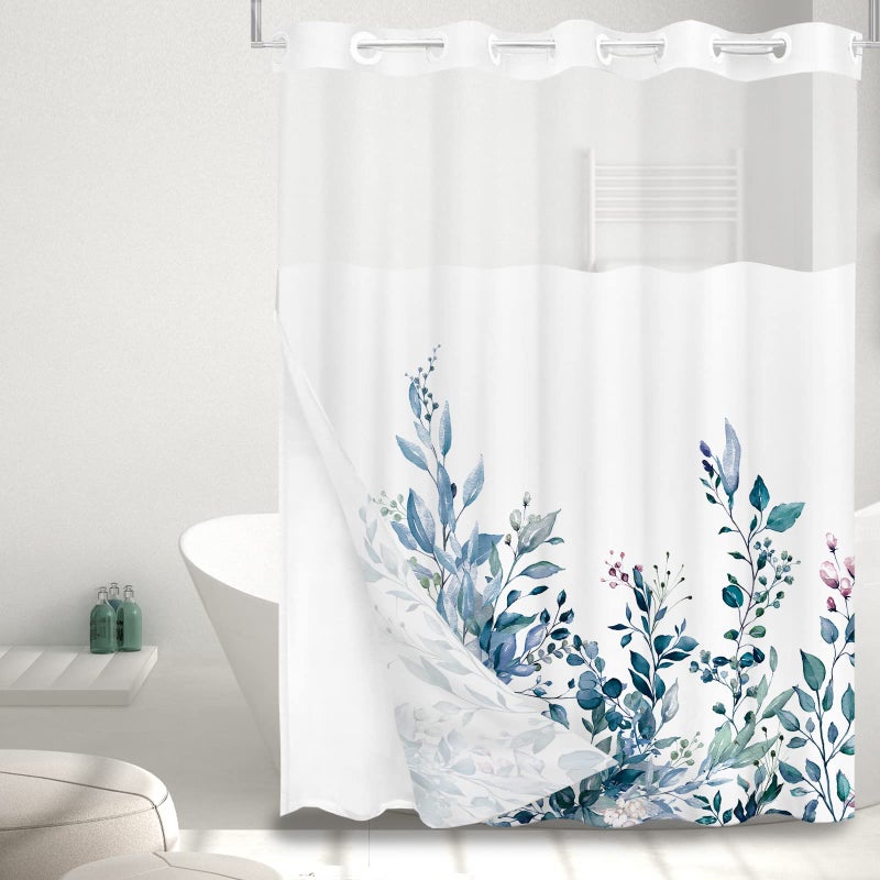 Tititex No Hooks Snap in Liner Blue Eucalyptus Leaves Shower Curtain Sets  Hotel Luxury Double Layers Waterproof Fabric & See-Through Top Window Bathroom Decorative 72x78 Inch - Image 2