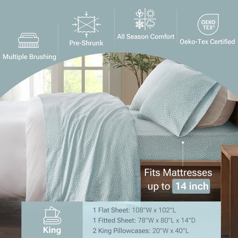 Sleep Philosophy True North By Sleep Philosophy Cozy Flannel Warm 100% Cotton Sheet - Novelty Print Animals Stars Cute Ultra Soft Cold Weather Bedding Set  King  Aqua Dots 4 Piece - Image 4