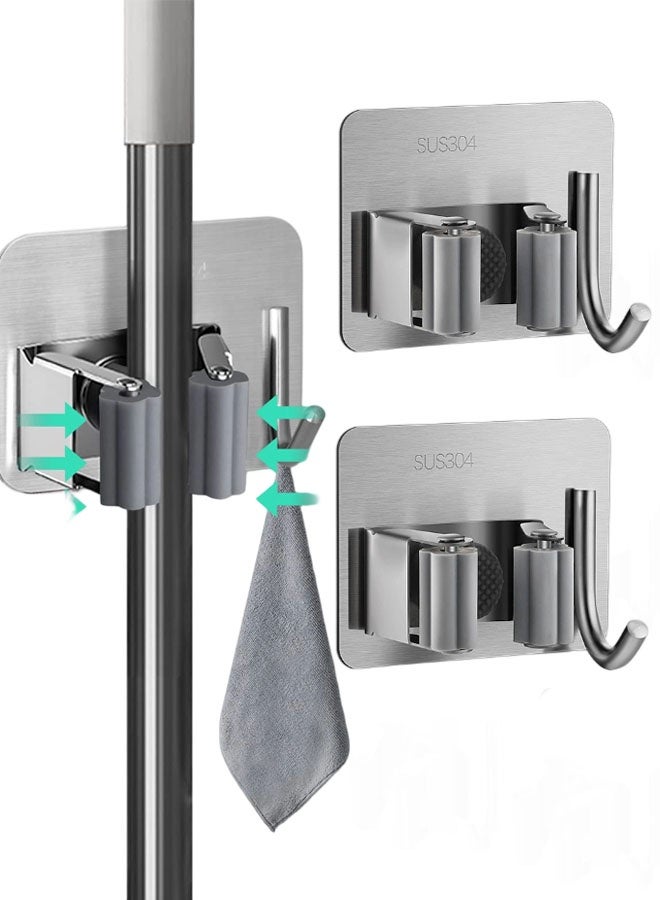 2 Pack Broom Mop Holder, Silver Stainless Steel Self Adhesive Broom Holder Mop Holder Wall Mounted With Hook Hanger For Kitchen, Bathroom, Garden Etc - Image 1