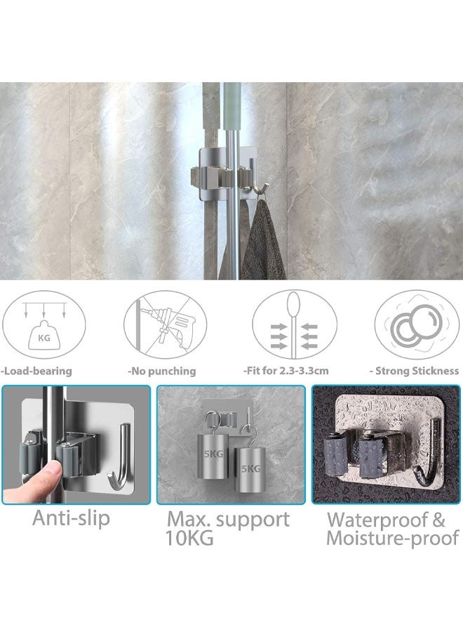 2 Pack Broom Mop Holder, Silver Stainless Steel Self Adhesive Broom Holder Mop Holder Wall Mounted With Hook Hanger For Kitchen, Bathroom, Garden Etc - Image 3
