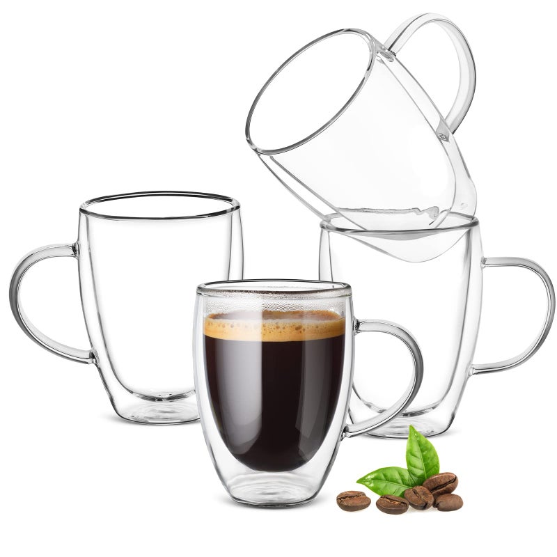Ulrikco 350ml 12oz Double Walled Glass Coffee Mugs with Handle Clear Coffee Cups and Glass Mugs Set of 4 Insulated Drinking Glass Coffee Cups Espresso Mug Cups for Latte HotCold Drink