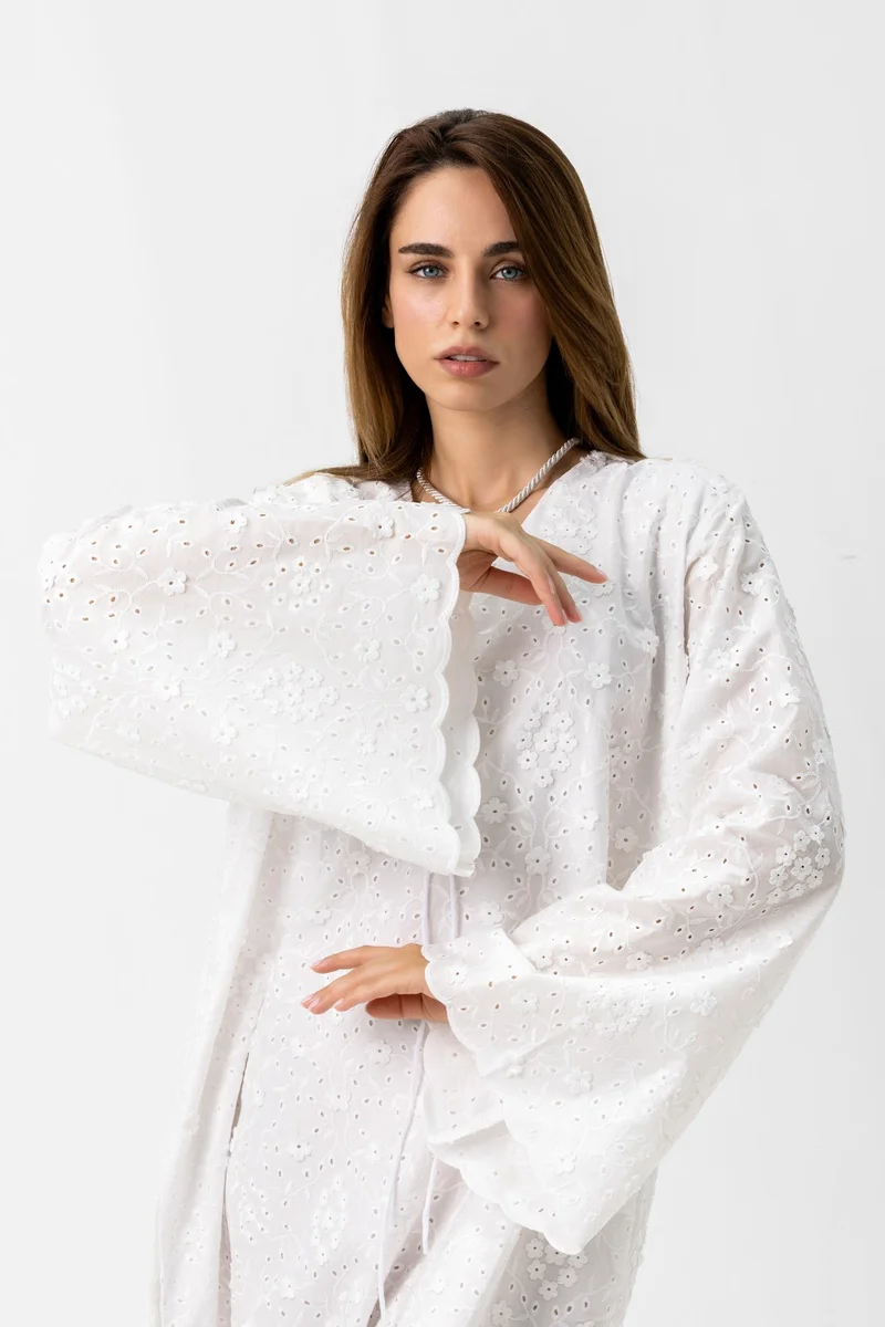 Reem Abayas White Chikan Kaftan