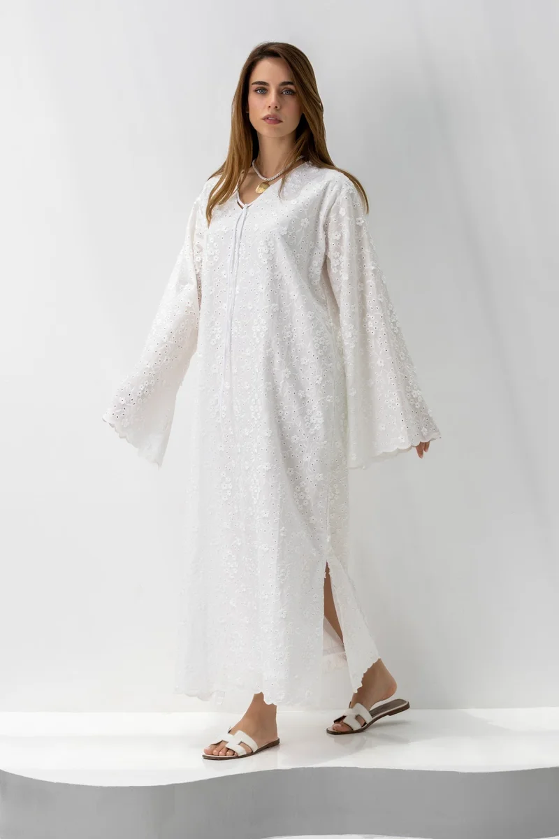 Reem Abayas White Chikan Kaftan