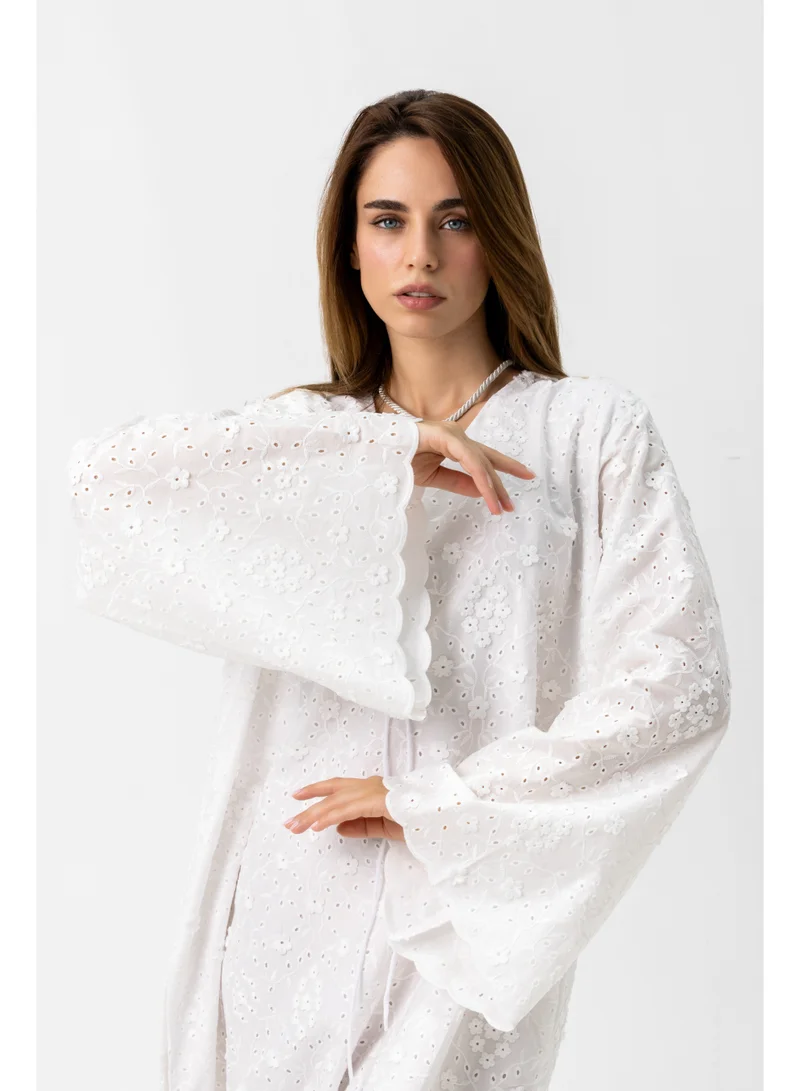 Reem Abayas White Chikan Kaftan
