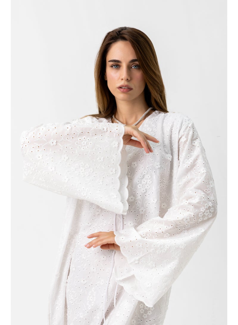 Reem Abayas White Chikan Kaftan - Image 1