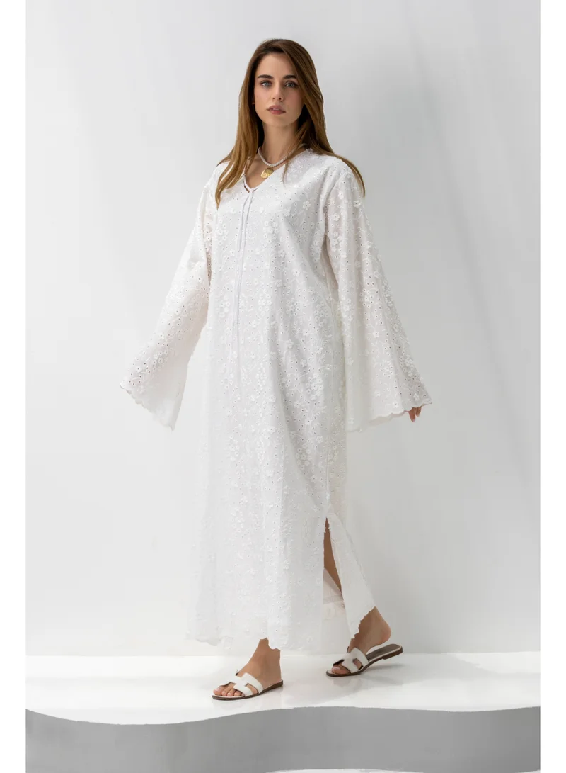 Reem Abayas White Chikan Kaftan