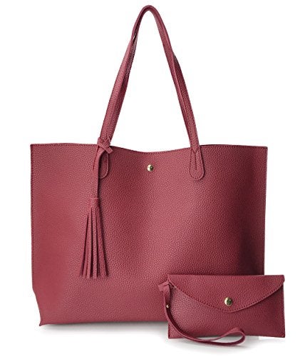 Hoxis Minimalist Clean Cut Pebbled Faux Leather Tote Womens Shoulder Handbag (Dark Red) Medium - Image 1