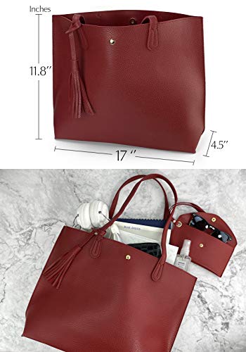Hoxis Minimalist Clean Cut Pebbled Faux Leather Tote Womens Shoulder Handbag (Dark Red) Medium - Image 3