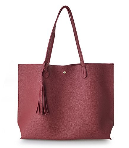 Hoxis Minimalist Clean Cut Pebbled Faux Leather Tote Womens Shoulder Handbag (Dark Red) Medium - Image 2