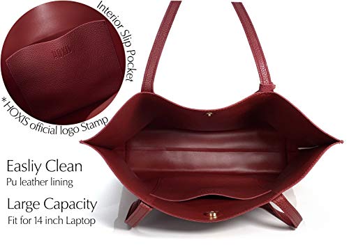 Hoxis Minimalist Clean Cut Pebbled Faux Leather Tote Womens Shoulder Handbag (Dark Red) Medium - Image 4