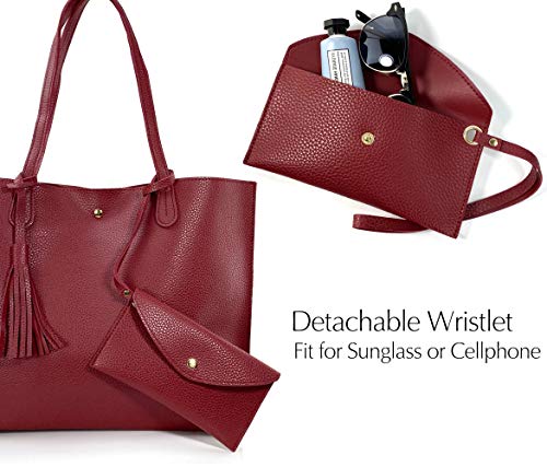 Hoxis Minimalist Clean Cut Pebbled Faux Leather Tote Womens Shoulder Handbag (Dark Red) Medium - Image 5