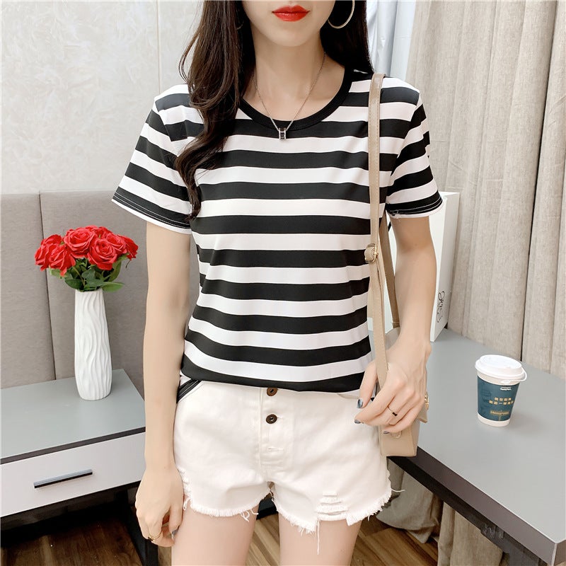 Short Sleeve T-Shirt Womens Clothing Spring Summer Style Korean Version Student Round Neck Pullovers Slims Smooths Your Silhoue 2cm stripes 