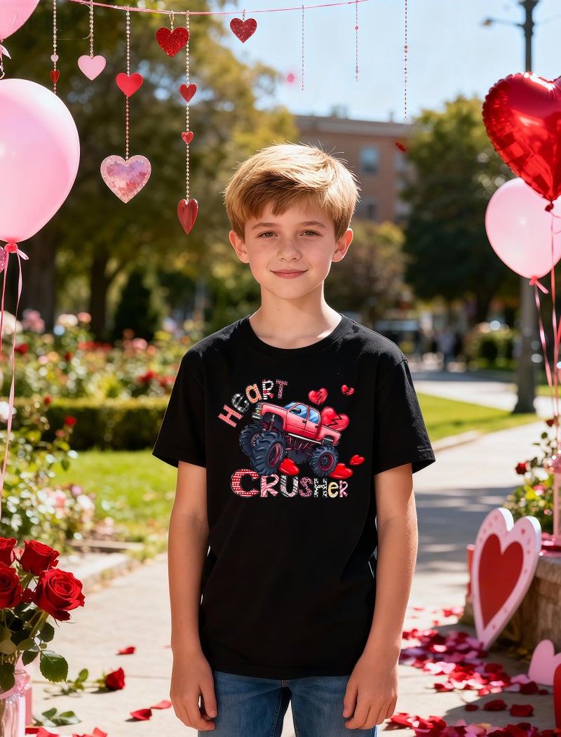 YWAGK Valentine Shirts for Boys Kids Funny Heart Breaker T-Shirt Toddler Monster Truck Tops Black (4-5 Years) - Image 2