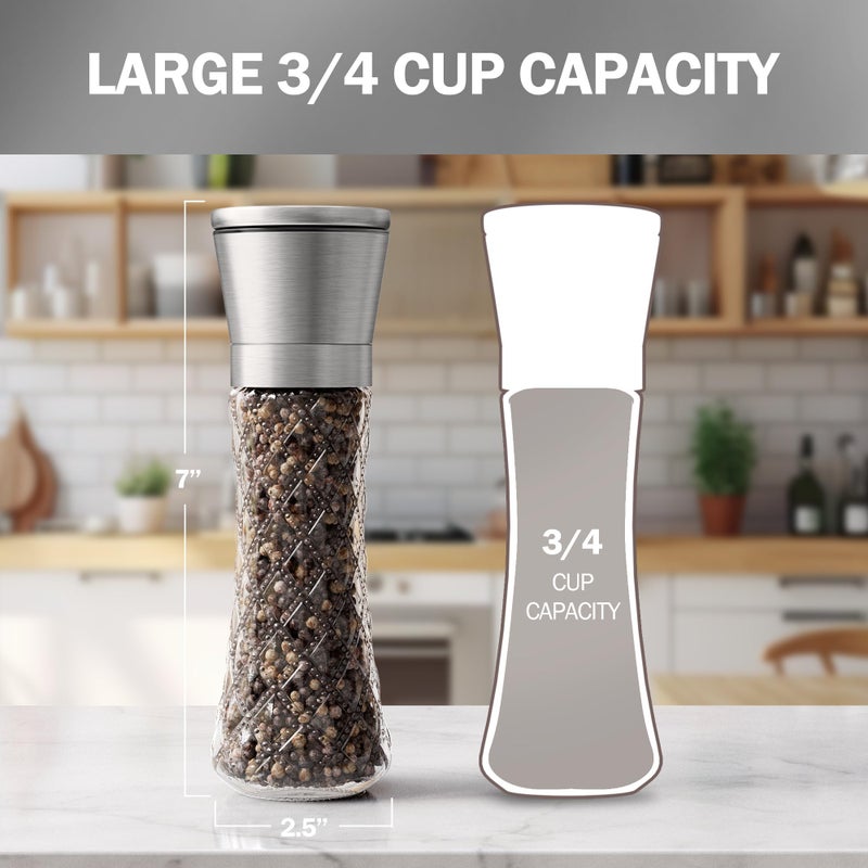 Home EC Original Stainless Steel Sea Salt and Pepper Grinder Set of 2 - Adjustable Ceramic Grinder - Diamond Pattern Glass - Salt and Pepper Shakers - Kitchen Spice Mill - Modern Kitchen Accessories - Image 2