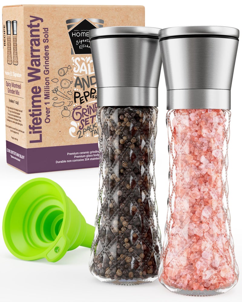 Home EC Original Stainless Steel Sea Salt and Pepper Grinder Set of 2 - Adjustable Ceramic Grinder - Diamond Pattern Glass - Salt and Pepper Shakers - Kitchen Spice Mill - Modern Kitchen Accessories - Image 1
