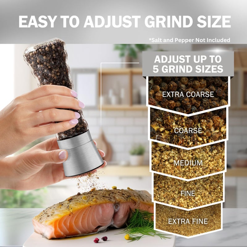 Home EC Original Stainless Steel Sea Salt and Pepper Grinder Set of 2 - Adjustable Ceramic Grinder - Diamond Pattern Glass - Salt and Pepper Shakers - Kitchen Spice Mill - Modern Kitchen Accessories - Image 3
