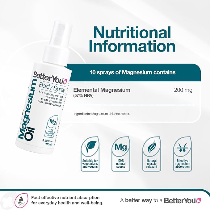 BetterYou Magnesium Oil Body Spray | Pure, Clean and Natural Source of Magnesium Chloride | Magnesium Spray | Vegan & Palm-Oil Free | 100ml (600 Sprays) - Image 3