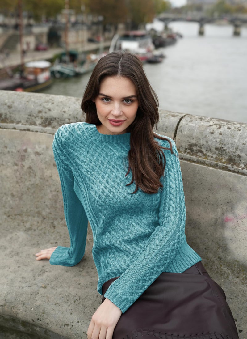 v28 Women Crew Neck Korea Knit Stretchable Elasticity Long Sleeve Sweater Jumper (S, Jadeblue) - Image 3