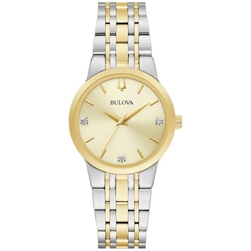 Bulova Ladies Modern TwoTone Stainless Steel 3Hand Quartz Watch Diamond Accent Gold Dial Style 98P224 - Image 1
