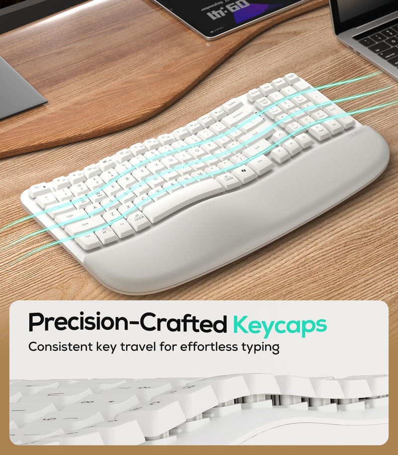 Nulea RT08 Wave Keys Wireless Ergonomic Keyboard with Cushioned Palm Rest, 2.4GHz Ergo Cordless USB Computer Keyboard, Comfortable Natural Typing, for Laptop, Mac, Windows (White) - Image 3