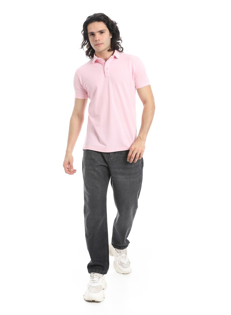 Andora Turn Down Collar Pique Powder Pink Polo Shirt_Pink - Image 5
