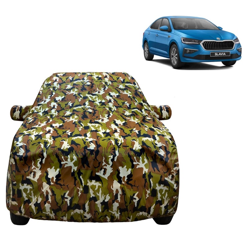 VYAS 100% Waterproof Car Body Cover for Skoda Salavia (2022-2025) with Mirror Pocket Triple Stitched Belt & Buckle Fitting Dual Elastic, Durable Material Jungle Print Camouflage Design - Image 1