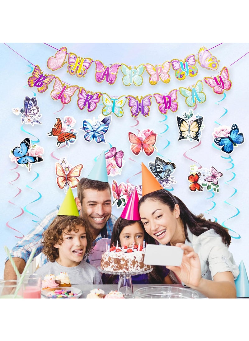 SYOSI - Butterfly Party Decorations - Butterfly Happy Birthday Banner - Butterfly Flower Party Hanging Swirls Decorations, Swirls Garland for Wedding Party Spring Summer Garden Baby Girl Birthday Decorations - Image 1