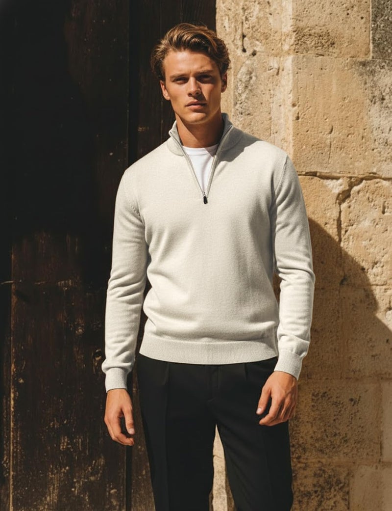 H2H Men's Casual Slim Fit 1/4 Zip up Long Sleeve Pullover Mock Neck Sweater Oatmeal US 3XL/Asia 4XL (KMOSWL021) - Image 2