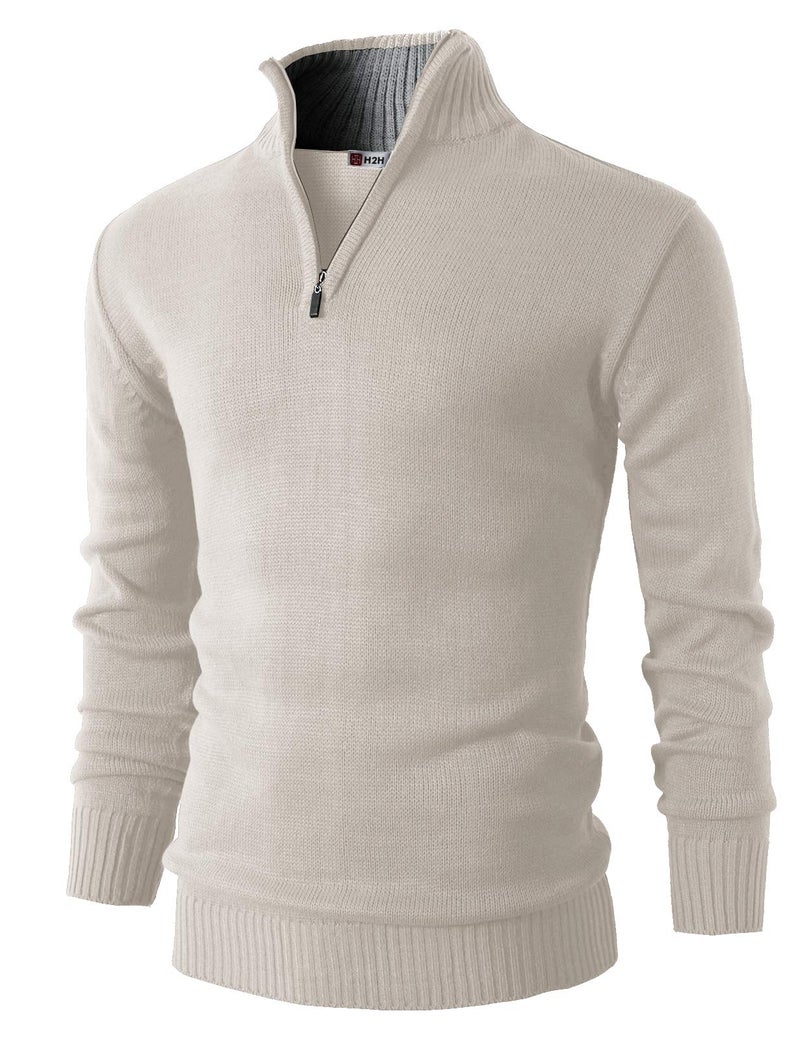 H2H Men's Casual Slim Fit 1/4 Zip up Long Sleeve Pullover Mock Neck Sweater Oatmeal US 3XL/Asia 4XL (KMOSWL021) - Image 1