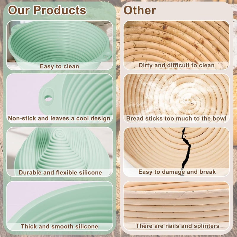 HEBEICRMY Upgraded Silicone Sourdough Bread Proofing Basket with Handles - Reinforced Rim Support, 9 Inch Round Foldable Bowls for Sourdough Bread Baking, Oven & Dishwasher Safe-BPA Free (Green) - Image 3