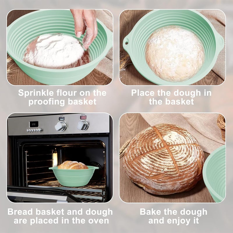 HEBEICRMY Upgraded Silicone Sourdough Bread Proofing Basket with Handles - Reinforced Rim Support, 9 Inch Round Foldable Bowls for Sourdough Bread Baking, Oven & Dishwasher Safe-BPA Free (Green) - Image 5