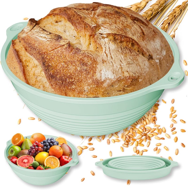 HEBEICRMY Upgraded Silicone Sourdough Bread Proofing Basket with Handles - Reinforced Rim Support, 9 Inch Round Foldable Bowls for Sourdough Bread Baking, Oven & Dishwasher Safe-BPA Free (Green) - Image 1