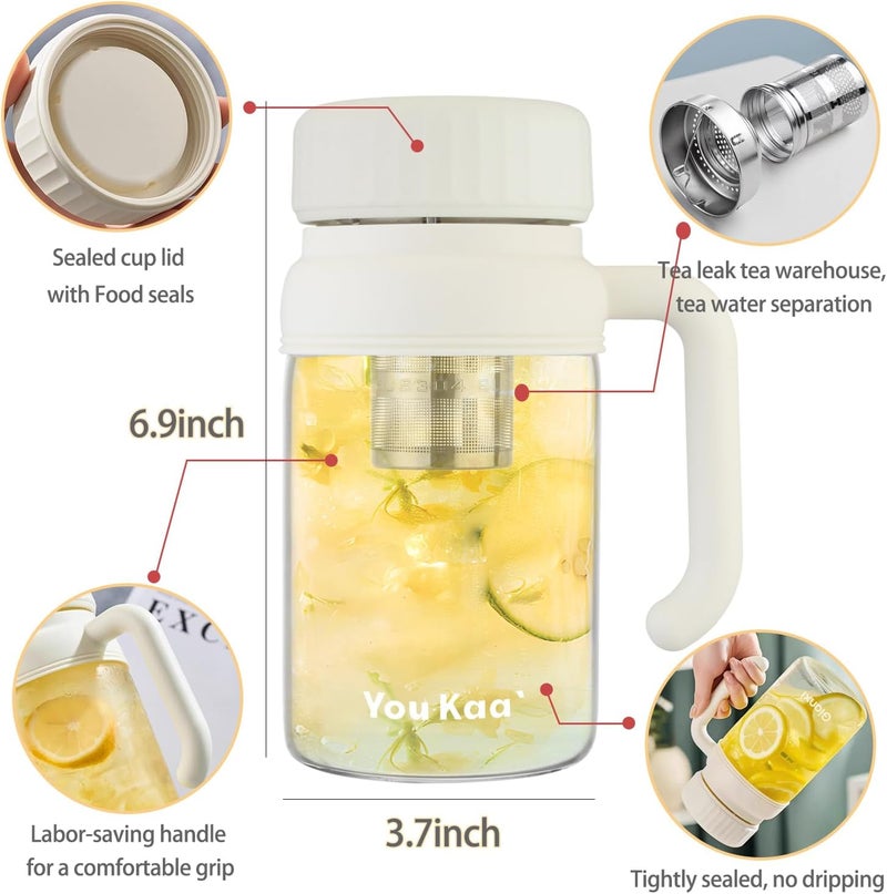 wangsdjy 32oz Glass Water Bottle, Tea Bottle with Infuser & Handle, BPA-Free Leakproof Wide Mouth Large Tea Infuser cup for Hot or Cold Drinks, Loose, Fruit (White+Black) - Image 2