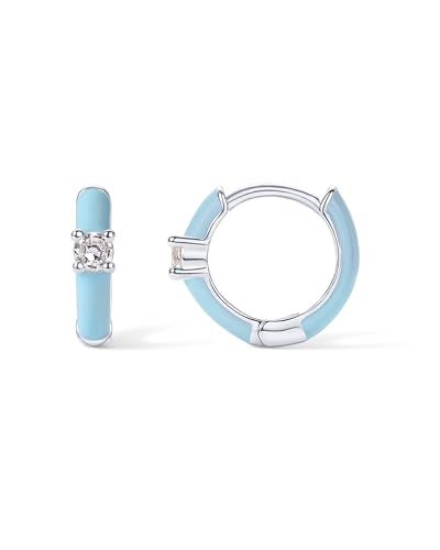PAVOI Rhodium Plated 925 Sterling Silver Post Enamel CZ Huggies - Colored & Blue Enamel Round Cubic Zirconia Hoop Earrings, Earrings for Women - Image 5
