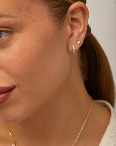 PAVOI Rhodium Plated 925 Sterling Silver Post Enamel CZ Huggies - Colored & Blue Enamel Round Cubic Zirconia Hoop Earrings, Earrings for Women - Image 2