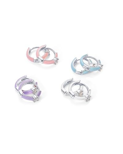 PAVOI Rhodium Plated 925 Sterling Silver Post Enamel CZ Huggies - Colored & Blue Enamel Round Cubic Zirconia Hoop Earrings, Earrings for Women - Image 3