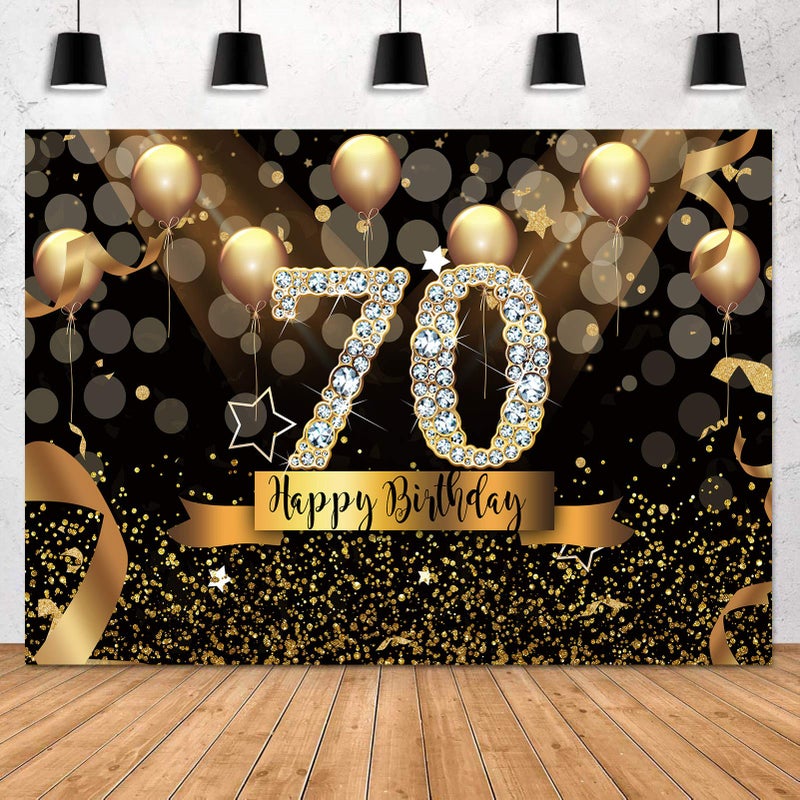 Sensfun 10X8ft Happy 70th Birthday Party Photography Backdrop Glitter Black and Gold Balloons Background for Adult Fabulous 70 Bday Party Decorations Shining Diamond 70th Birthday Photo Booth Banner