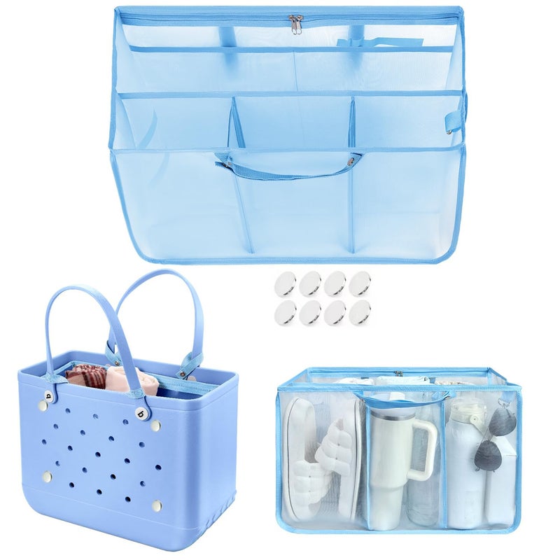XYFuuee Beach Bag Organizer Inserts for Original Large Bogg Bag Accessories with 8 Removable Metal Fasteners Lightweight Mesh Insert Divider Pouch Organizing Rubber Tote Save Space Blue XL - Image 2