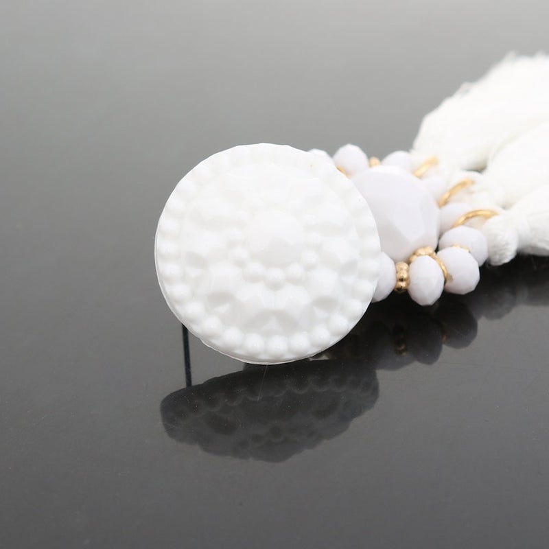 Boderier Bohemian Statement Thread Tassel Chandelier Drop Dangle Earrings with Cassandra Button Stud (White) - Image 4