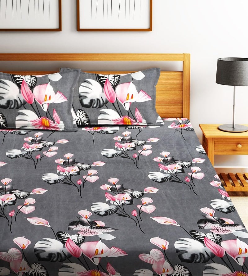 Fashion String 144TC Microfibre Tropical Floral Print Charcoal Grey Double Bedsheet with 2 Pillow Covers - Image 2