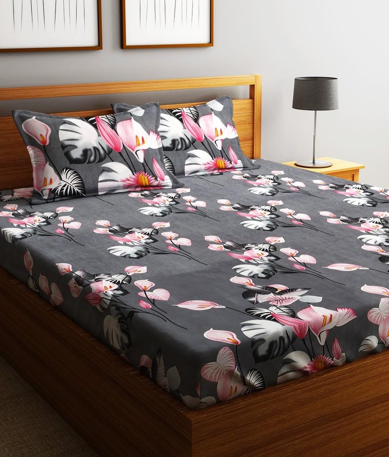 Fashion String 144TC Microfibre Tropical Floral Print Charcoal Grey Double Bedsheet with 2 Pillow Covers - Image 1