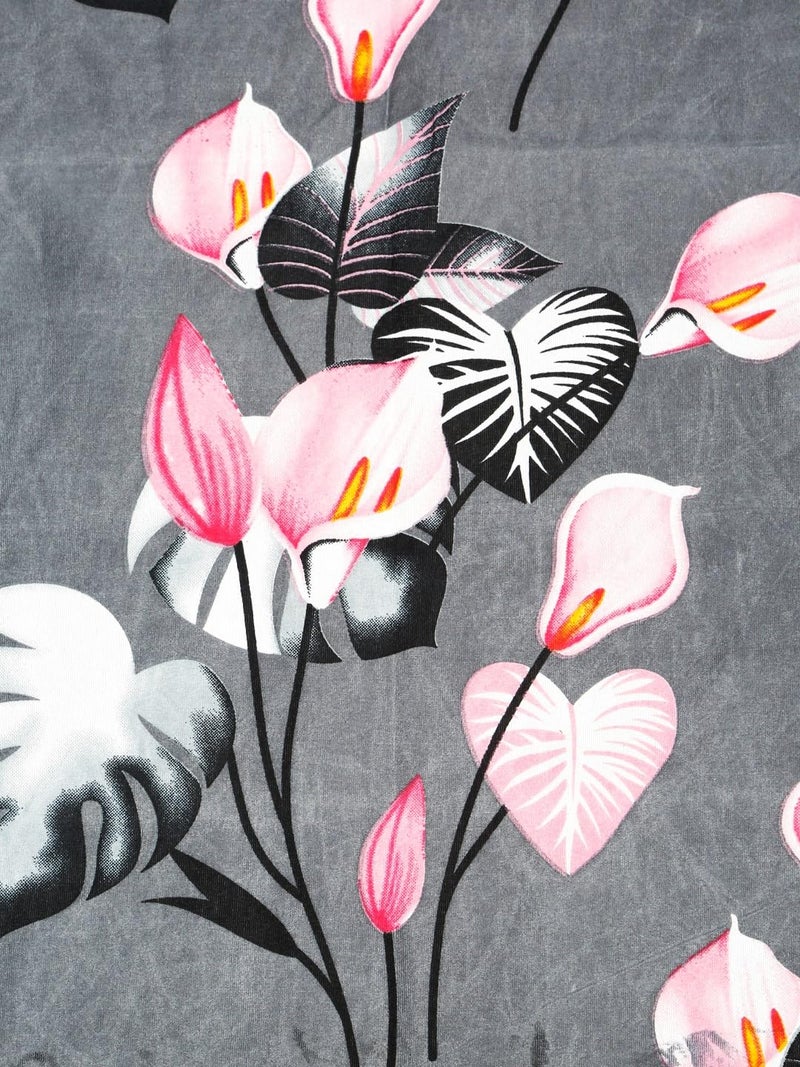 Fashion String 144TC Microfibre Tropical Floral Print Charcoal Grey Double Bedsheet with 2 Pillow Covers - Image 4