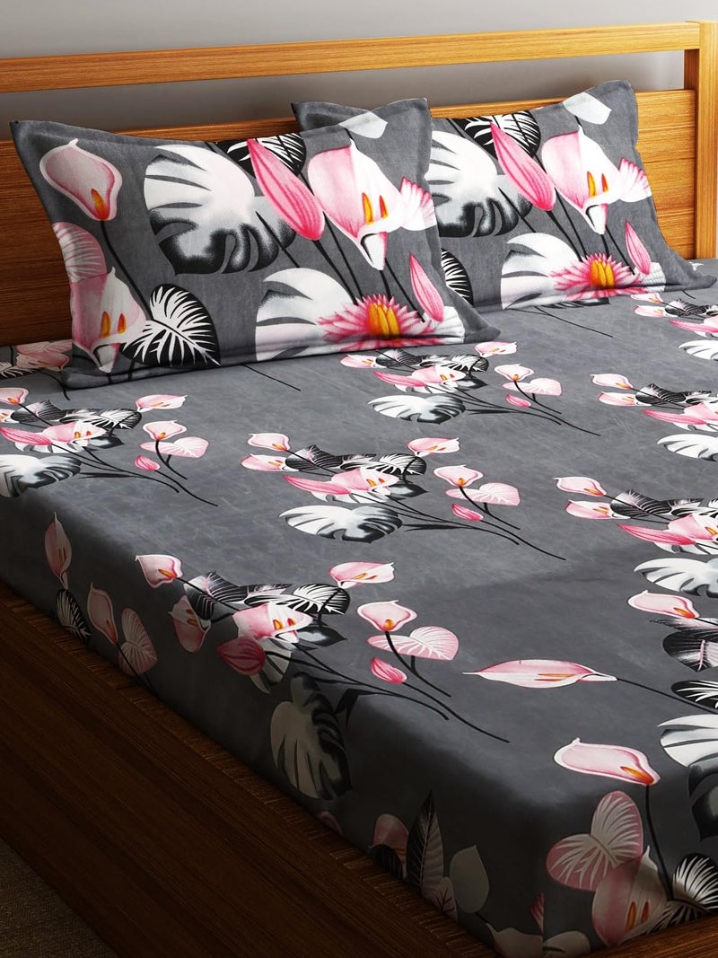 Fashion String 144TC Microfibre Tropical Floral Print Charcoal Grey Double Bedsheet with 2 Pillow Covers - Image 3