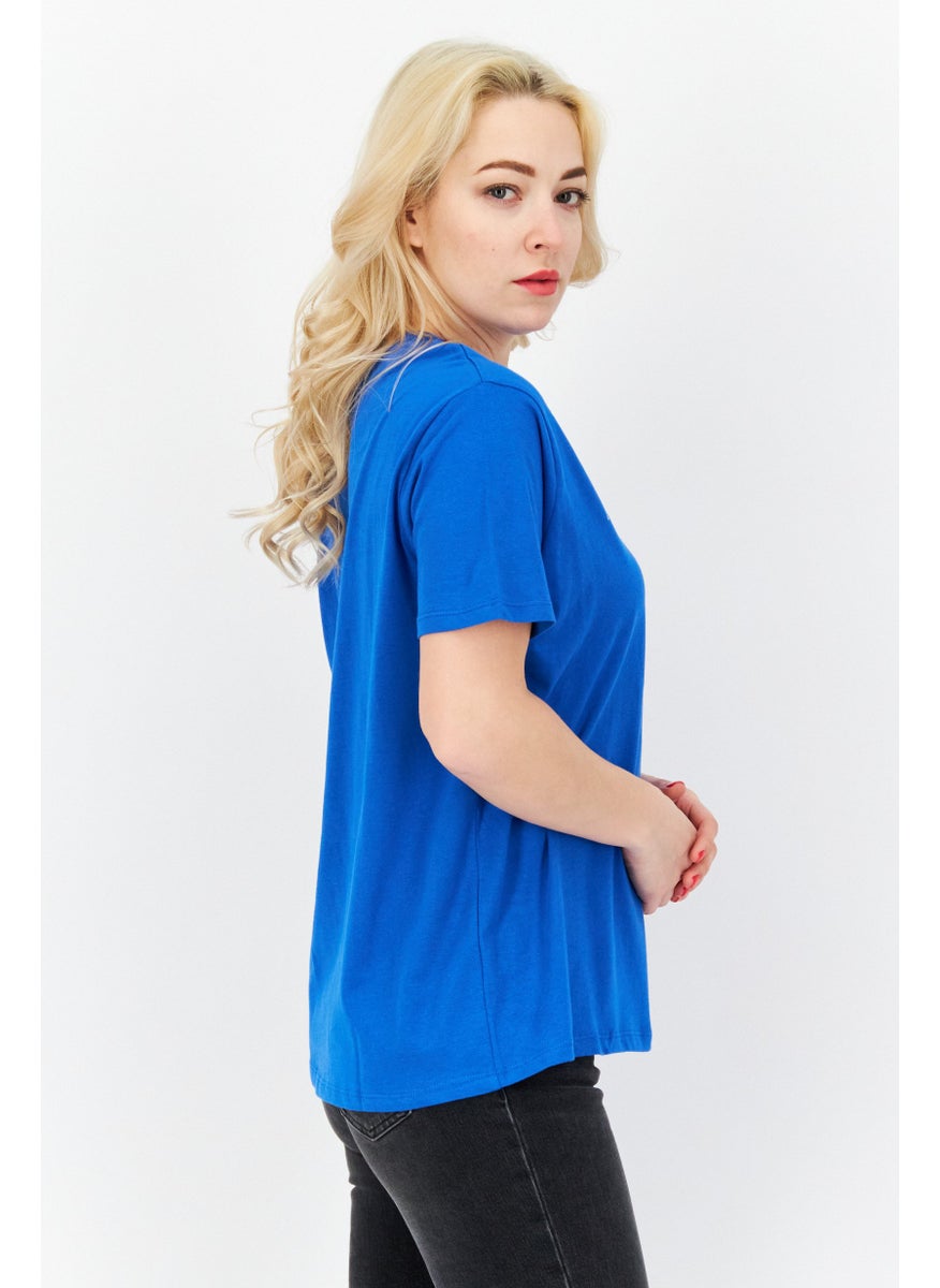 French Connection - Women Round Neck Short Sleeves Brand Logo T- Shirt, Blue - Image 1
