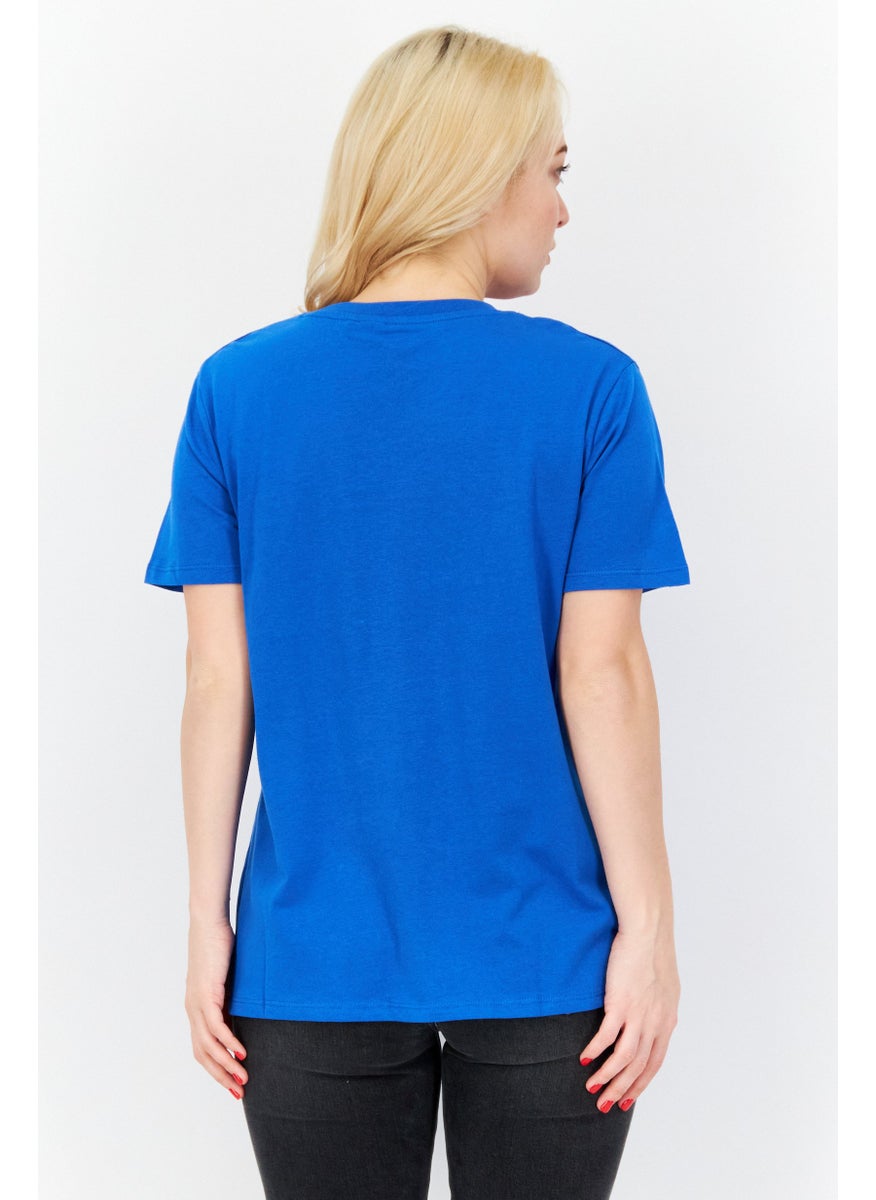 French Connection - Women Round Neck Short Sleeves Brand Logo T- Shirt, Blue - Image 1