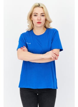 Women Round Neck Short Sleeves Brand Logo T- Shirt, Blue